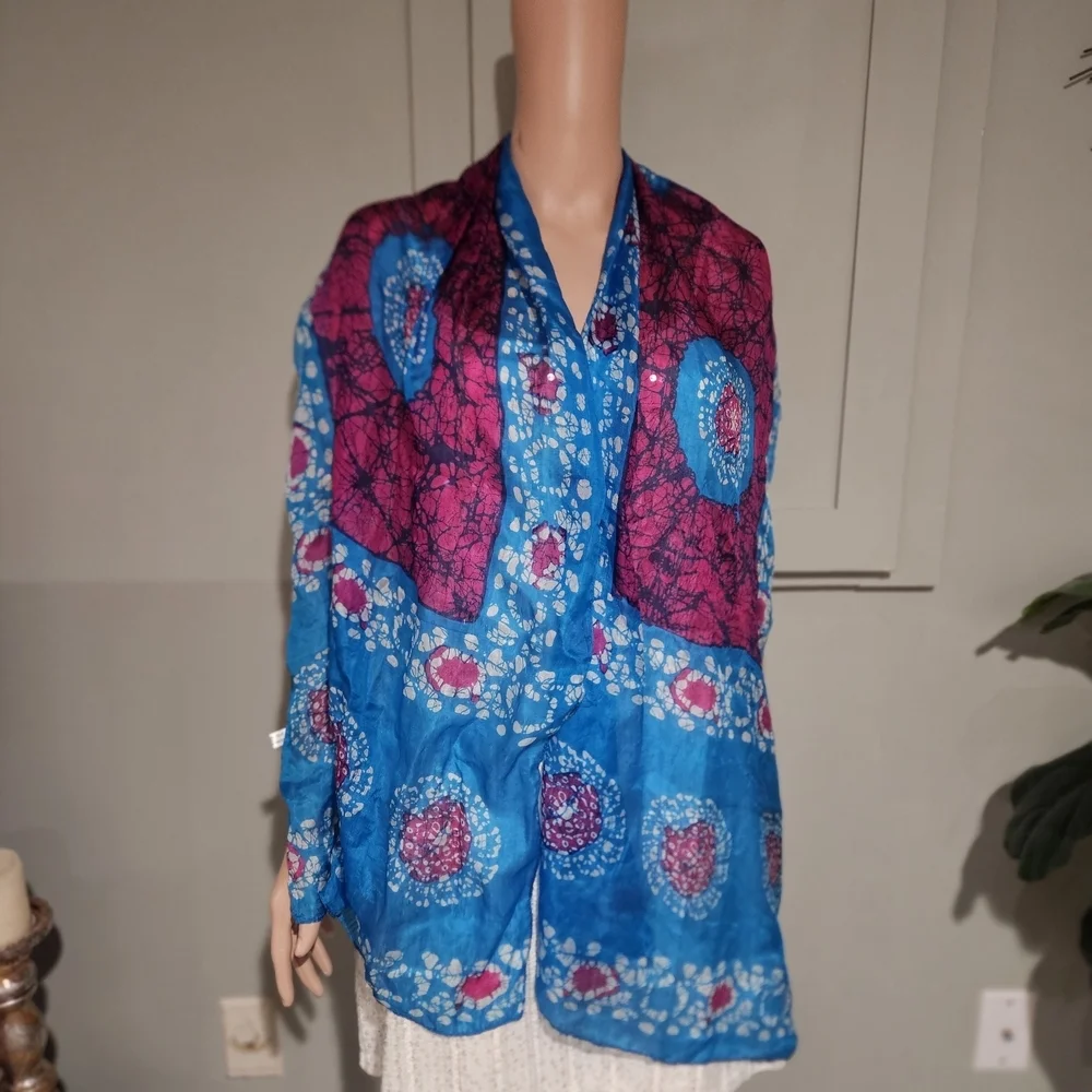 100% Pure Silk Batik Scarf Wrap – Made in India Blue Pink Boho